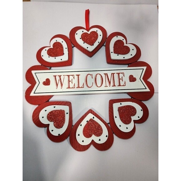 Valentine's Day Heart Wreath Door Hanger Sign Red White Glitter Wooden Welcome - Picture 8 of 9